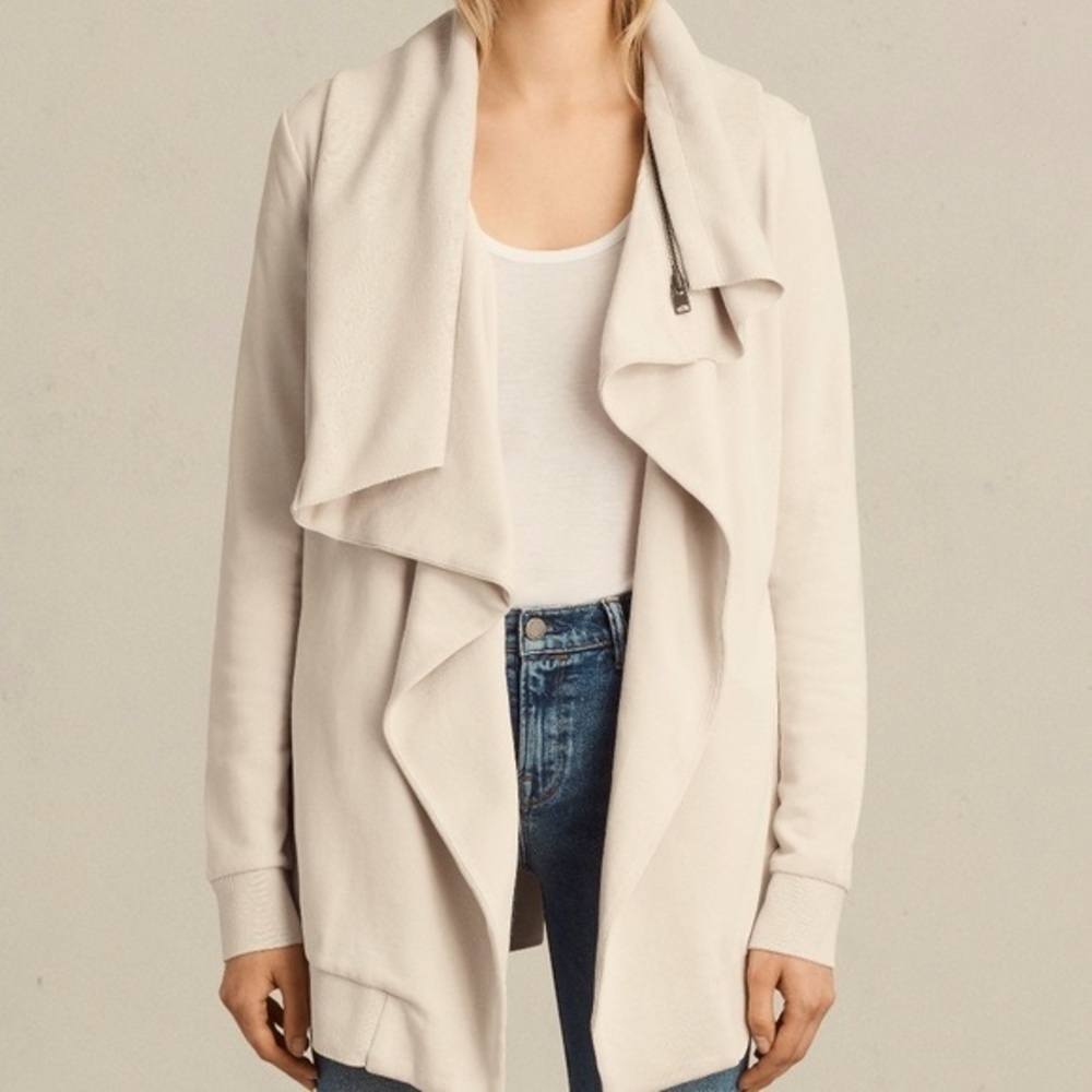 All Saints Dahlia Open Front Sweatshirt zip Collar Cream S